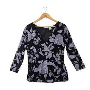 VTG Worthington Babydoll Top XL Black Purple Floral Surplice Neck Ruched Sides
